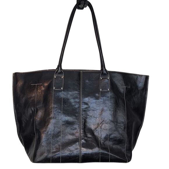 Etienne Aigner Large Black Leather White Stitch Tote Great Computer or Beach Bag - Picture 6 of 10